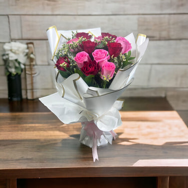 Red & Pink Rose Bouquet, Red Roses, Pink Roses, White Wrap, Pink Ribbon